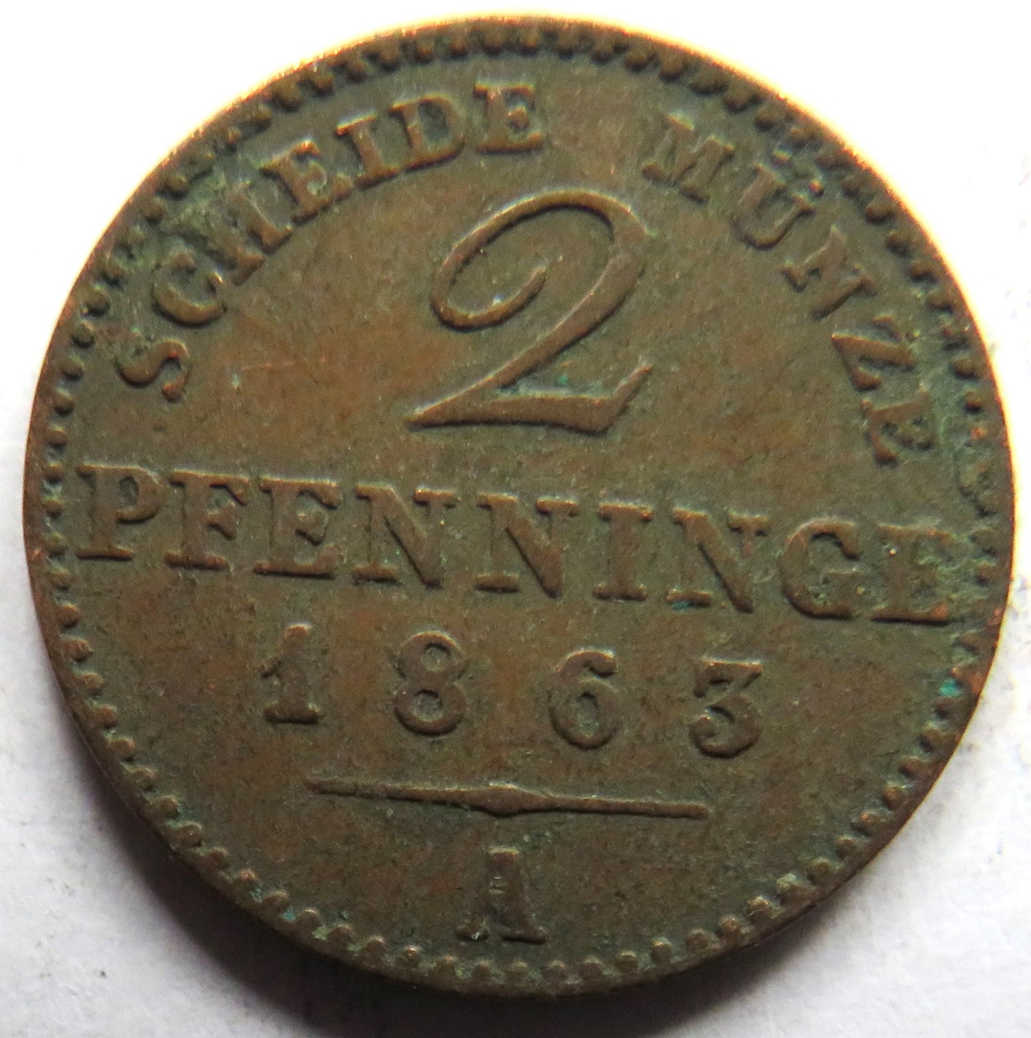 1863-A German States Prussia 2 Pfennig Coin