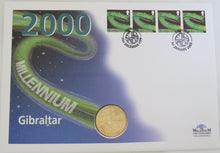 Load image into Gallery viewer, 1999 Gibraltar £5 Coin &amp; Stamp Cover Millennium 2000
