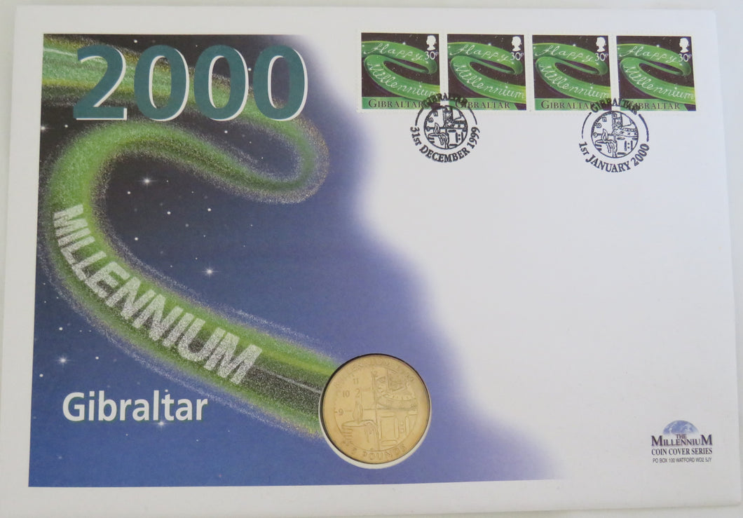 1999 Gibraltar £5 Coin & Stamp Cover Millennium 2000