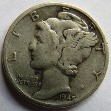 Load image into Gallery viewer, 1945 USA Silver Mercury Dime Coin
