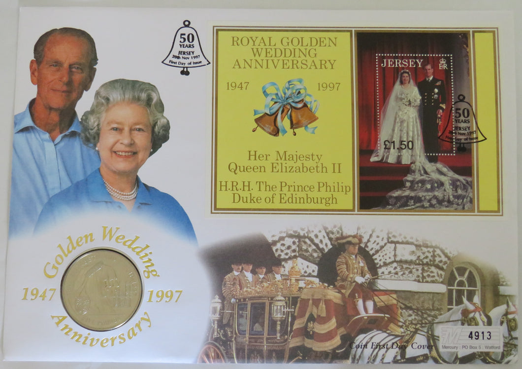 1997 Jersey £5 Coin & Stamp Cover Golden Wedding Anniversary