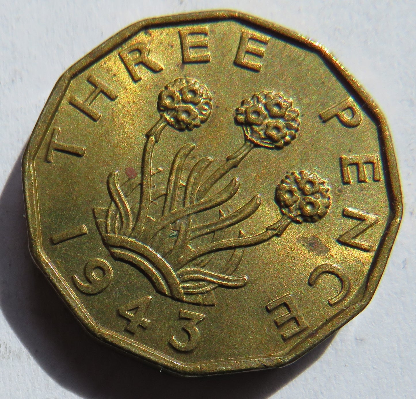1943 King George VI Brass Threepence Coin In High Grade