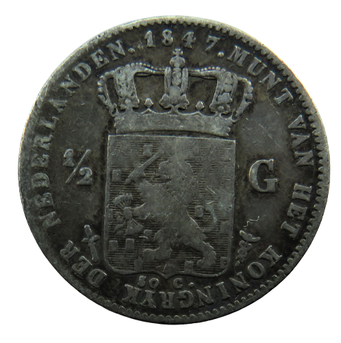 1847 Netherlands Silver 1/2 Half Gulden Coin Scarce