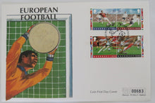 Load image into Gallery viewer, 1996 Guernsey £5 Coin &amp; Stamp Cover European Football
