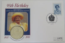 Load image into Gallery viewer, 1995 Guernsey £5 Coin &amp; Stamp Cover Queen Mother 95th Birthday
