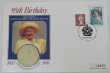 Load image into Gallery viewer, 1995 Guernsey £5 Coin &amp; Stamp Cover Queen Mother 95th Birthday
