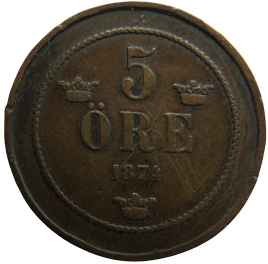 1874 Sweden 5 Ore Coin