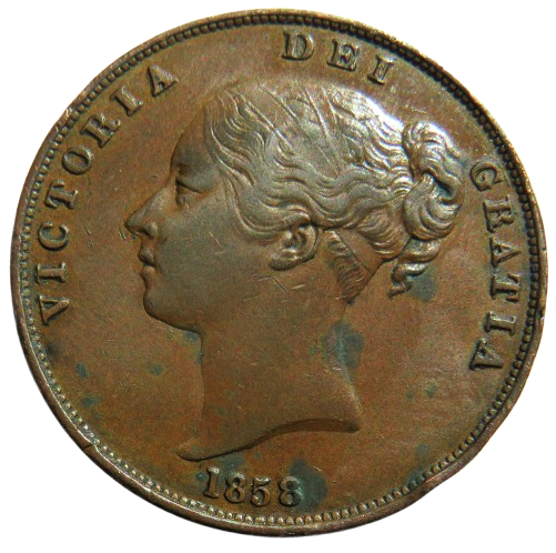 1858 Queen Victorian Young Head One Penny Coin - Great Britain
