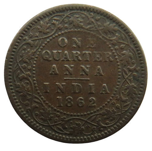 1862 Queen Victoria India 1/4 Quarter Anna Coin