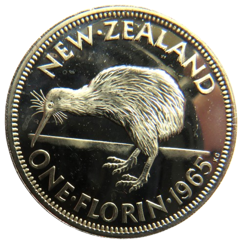 1965 New Zealand Prooflike One Florin Coin