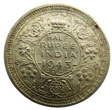 Load image into Gallery viewer, 1943 King George VI India Silver 1/2 Rupee Coin
