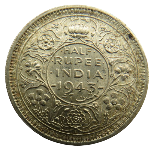 1943 King George VI India Silver 1/2 Rupee Coin