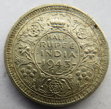 Load image into Gallery viewer, 1943 King George VI India Silver 1/2 Rupee Coin
