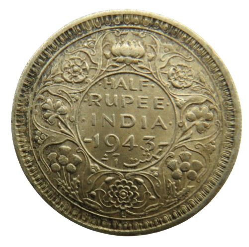 1943 King George VI India Silver 1/2 Rupee Coin