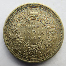 Load image into Gallery viewer, 1943 King George VI India Silver 1/2 Rupee Coin
