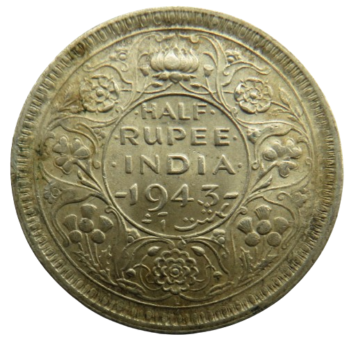 1943 King George VI India Silver 1/2 Rupee Coin