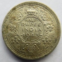 Load image into Gallery viewer, 1943 King George VI India Silver 1/2 Rupee Coin
