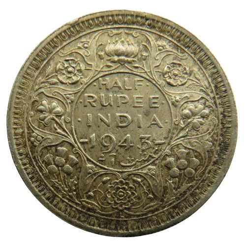 1943 King George VI India Silver 1/2 Rupee Coin