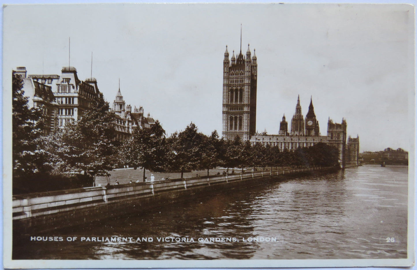 Vintage Postcard of Houses of Parliament and Victoria Gardens, London