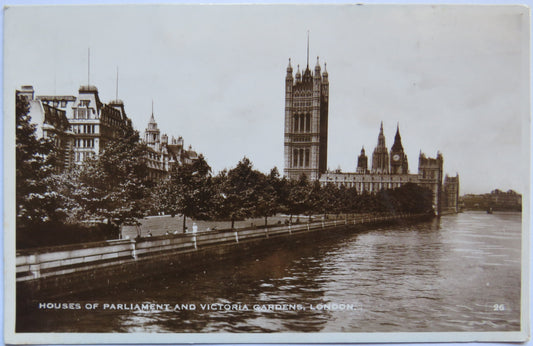 Vintage Postcard of Houses of Parliament and Victoria Gardens, London
