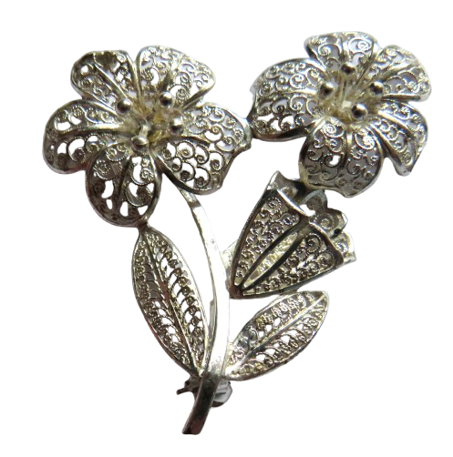 Vintage Ladies Floral Silver Brooch