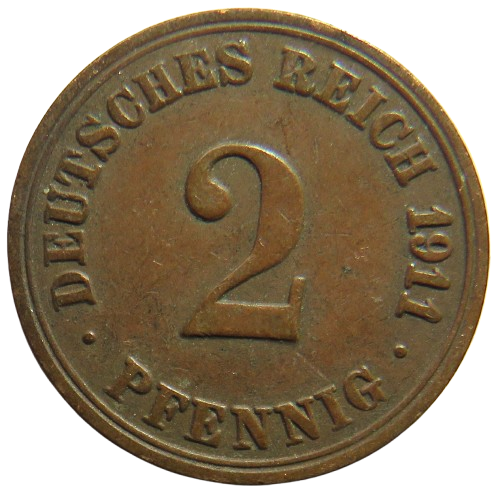 1911-A Germany 2 Pfennig Coin