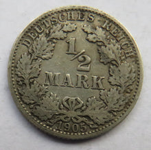 Load image into Gallery viewer, 1905-A Germany Silver 1/2 Mark Coin
