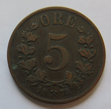 Load image into Gallery viewer, 1875 Norway 5 Ore Coin Collectable Date
