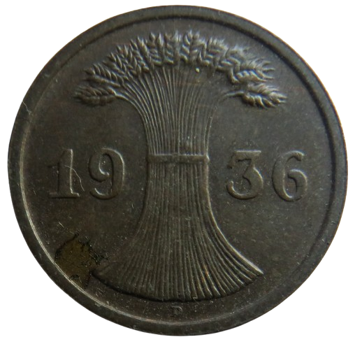 1936-D Germany - Weimar Republic 2 Reichspfennig Coin