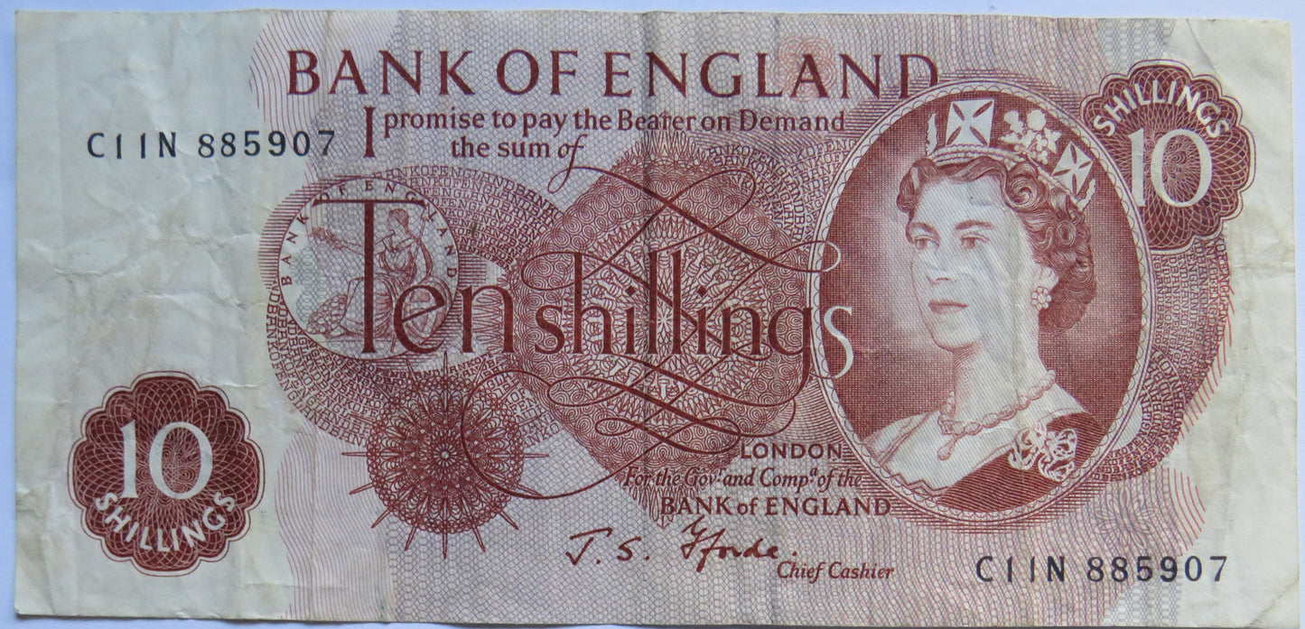 C.1967 Bank of England 10 Ten Shillings Banknote J.S. Fforde (C11N)