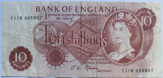 C.1967 Bank of England 10 Ten Shillings Banknote J.S. Fforde (C11N)