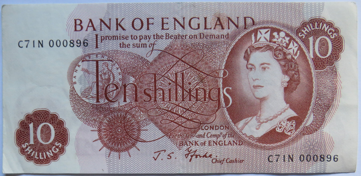 C.1967 Bank of England 10 Ten Shillings Banknote J.S. Fforde (C71N)