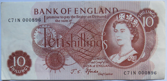 C.1967 Bank of England 10 Ten Shillings Banknote J.S. Fforde (C71N)