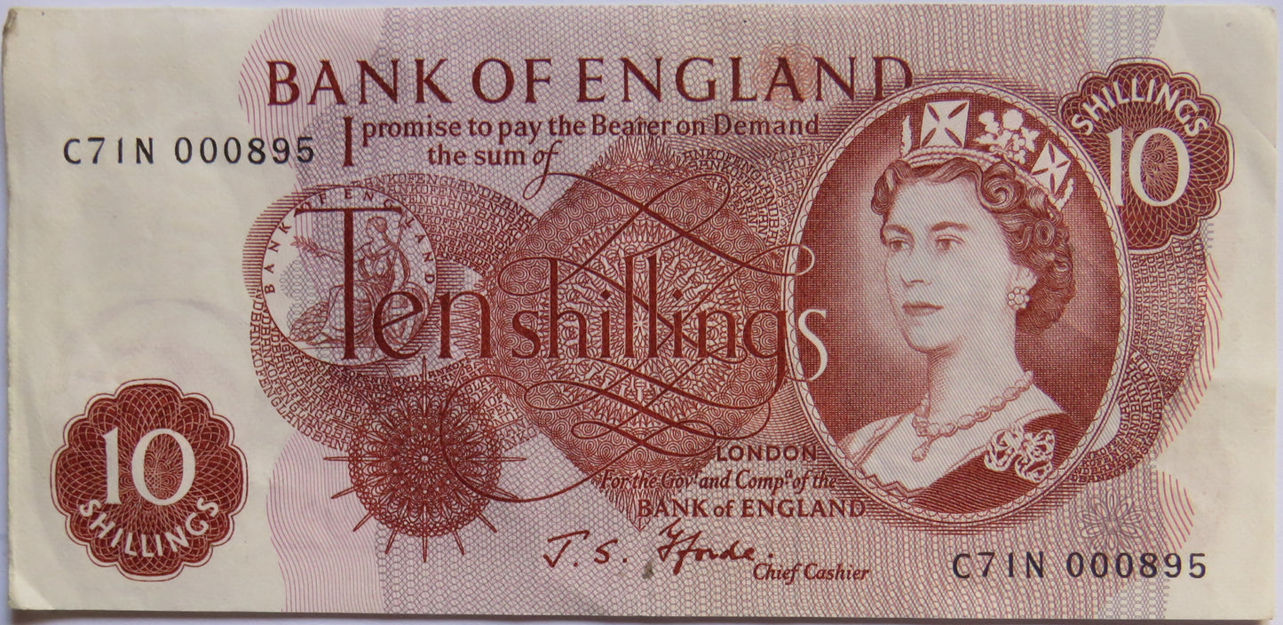 C.1967 Bank of England 10 Ten Shillings Banknote J.S. Fforde (C71N)