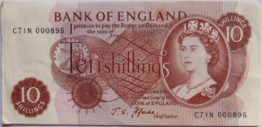 C.1967 Bank of England 10 Ten Shillings Banknote J.S. Fforde (C71N)