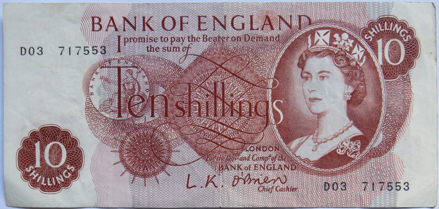 C.1961 Bank of England 10 Ten Shillings Banknote L.K. O'Brien (D03)