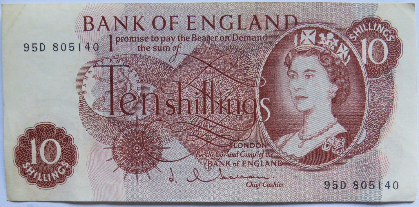 C.1963 Bank of England 10 Ten Shillings Banknote J.Q. Hollom (95D)