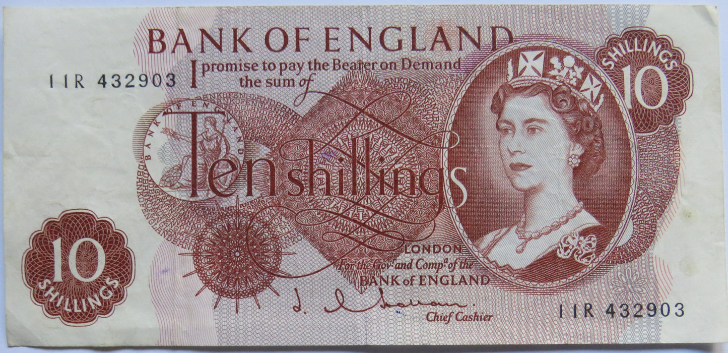C.1963 Bank of England 10 Ten Shillings Banknote J.Q. Hollom (11R)