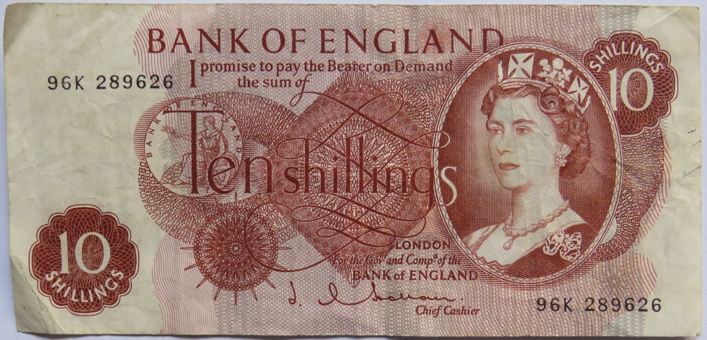 C.1963 Bank of England 10 Ten Shillings Banknote J.Q. Hollom (96K)