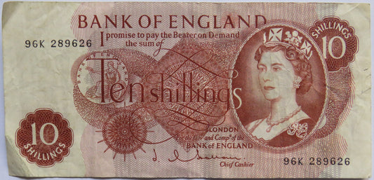 C.1963 Bank of England 10 Ten Shillings Banknote J.Q. Hollom (96K)