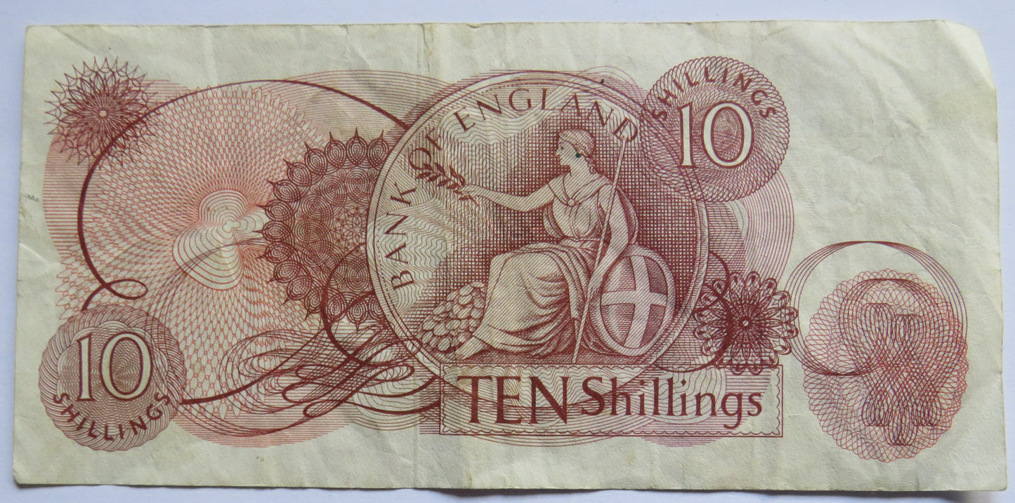C.1963 Bank of England 10 Ten Shillings Banknote J.Q. Hollom (96K)