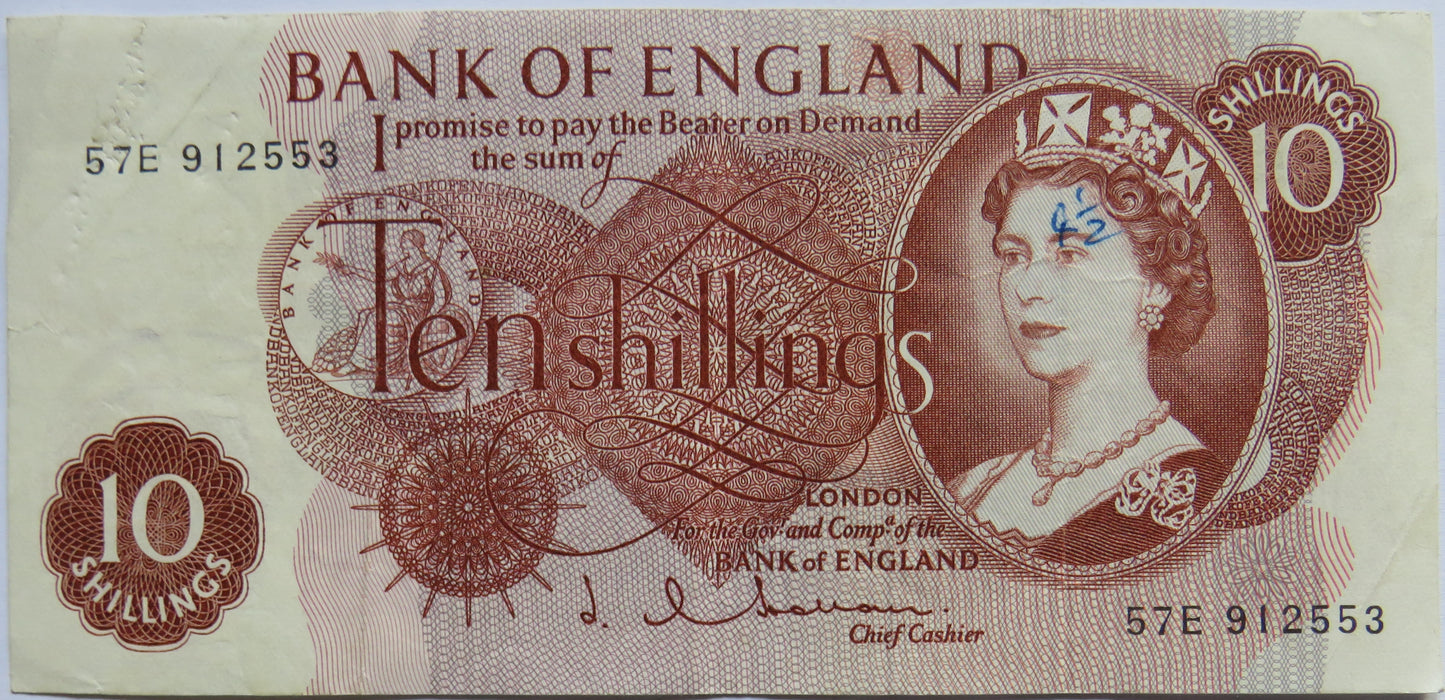 C.1963 Bank of England 10 Ten Shillings Banknote J.Q. Hollom (57E)
