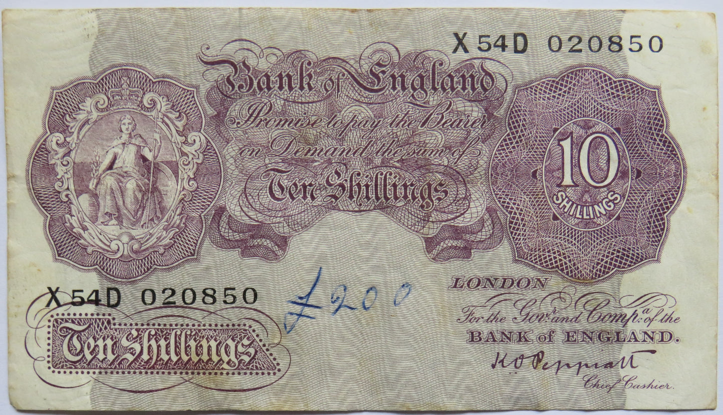 C.1940 Bank of England 10 Ten Shillings Banknote K.O. Peppiatt (X54D)