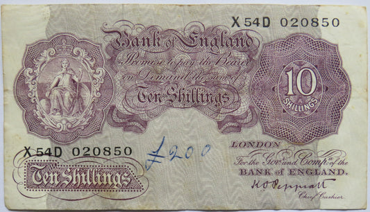 C.1940 Bank of England 10 Ten Shillings Banknote K.O. Peppiatt (X54D)