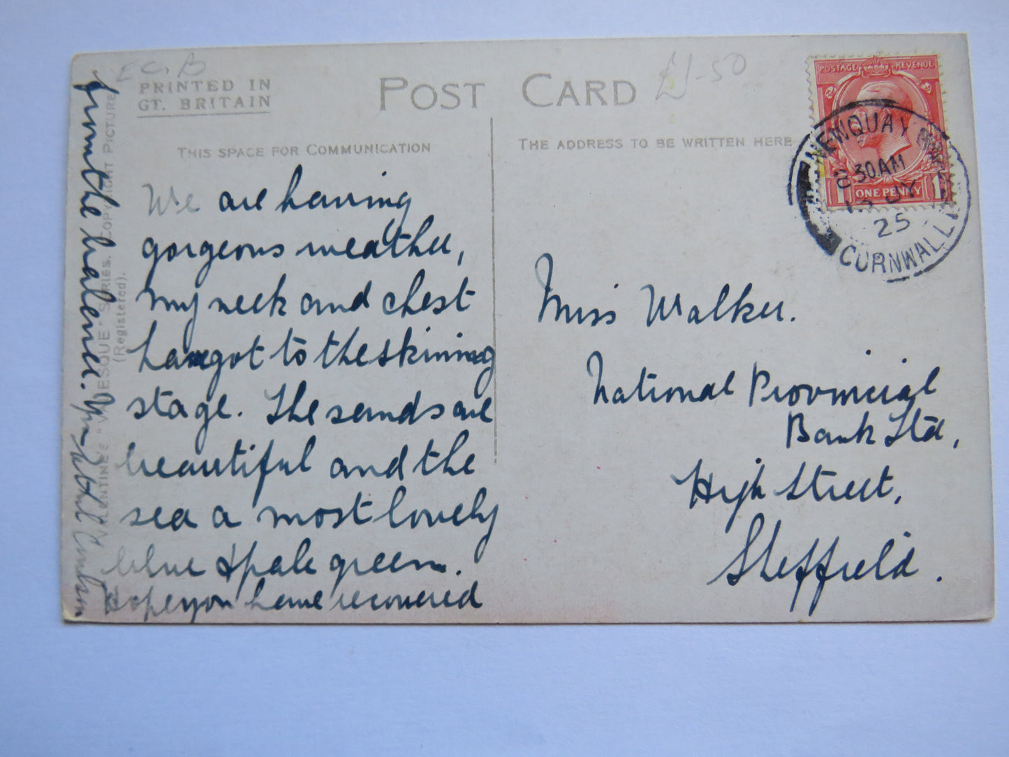 Vintage Postcard of Rocks at Newquay, 1925