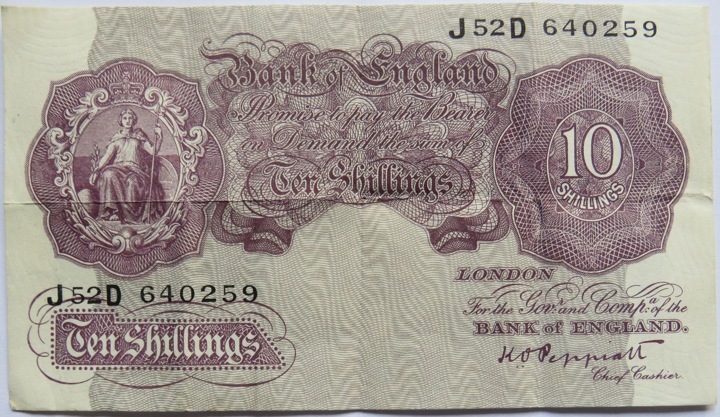 C.1940 Bank of England 10 Ten Shillings Banknote K.O. Peppiatt (J52D)