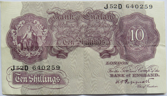 C.1940 Bank of England 10 Ten Shillings Banknote K.O. Peppiatt (J52D)