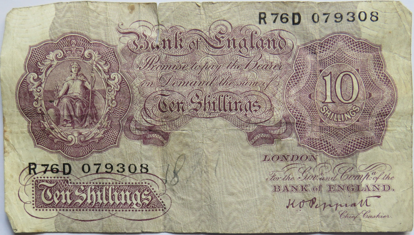 C.1940 Bank of England 10 Ten Shillings Banknote K.O. Peppiatt (R76D)