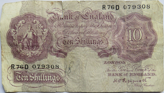 C.1940 Bank of England 10 Ten Shillings Banknote K.O. Peppiatt (R76D)