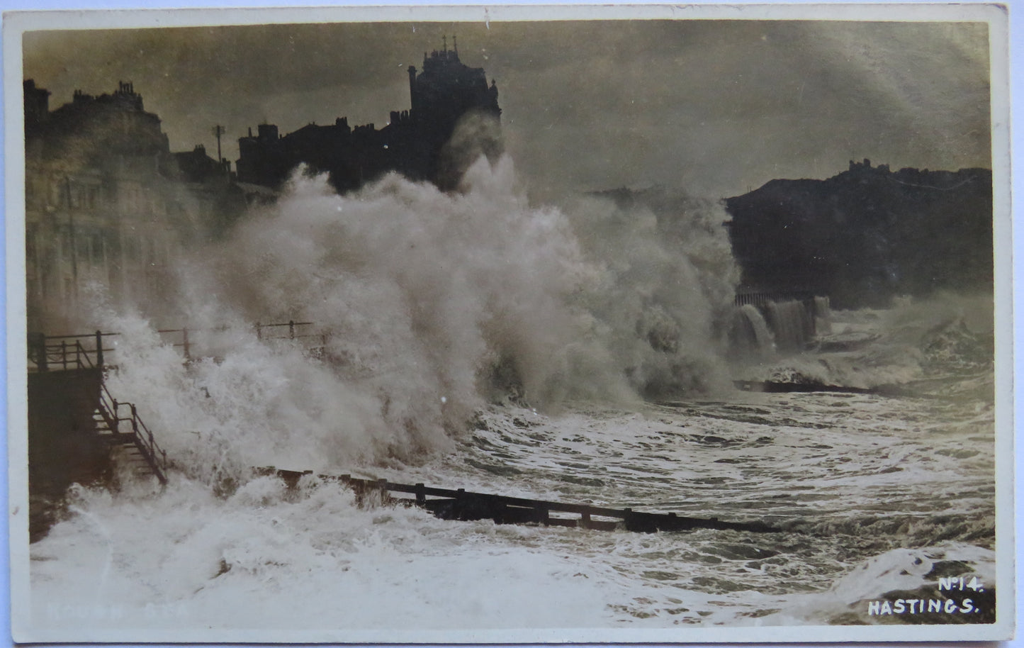 Vintage Postcard of Hastings, Waves Crashing at Pier